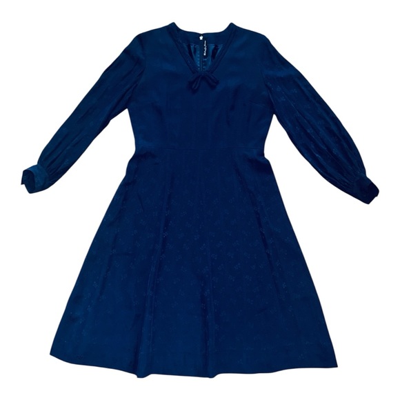 Matsuda Harue Tokyo A-line LS Below the knee Dress Geometric Floral Navy Size 8 - Picture 2 of 15